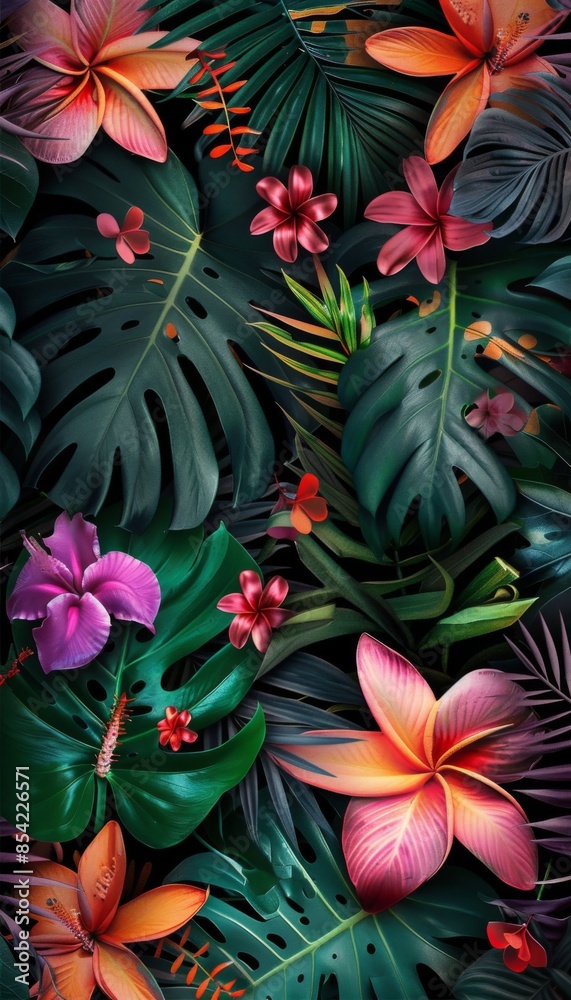 Many brightly colorful tropical plants are on a black background. Exotic leaves and flowers Many brightly colorful tropical plants are on a black background. Exotic leaves and flowers