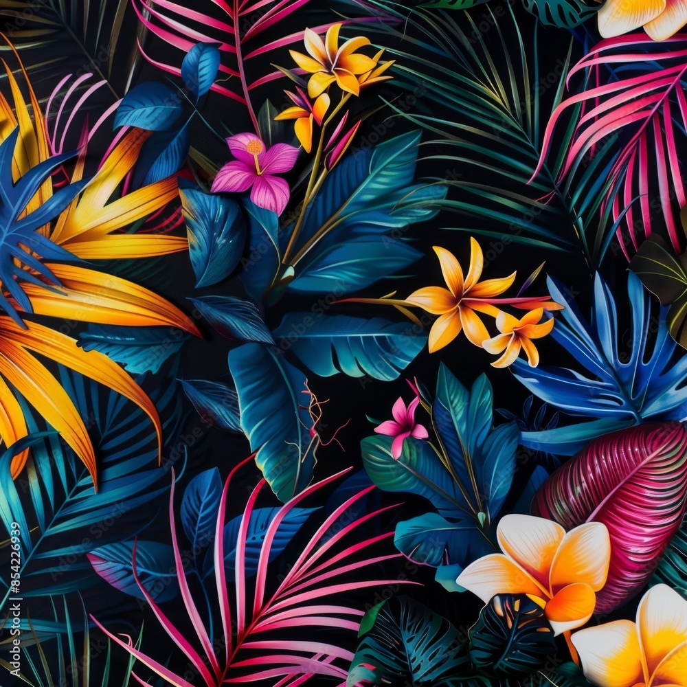Many brightly colorful tropical plants are on a black background. Exotic leaves and flowers Many brightly colorful tropical plants are on a black background. Exotic leaves and flowers