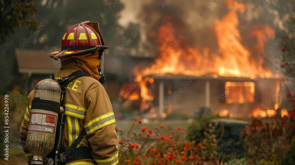 Naklejka premium A firefighter in full gear stands facing a house completely engulfed in a blazing fire