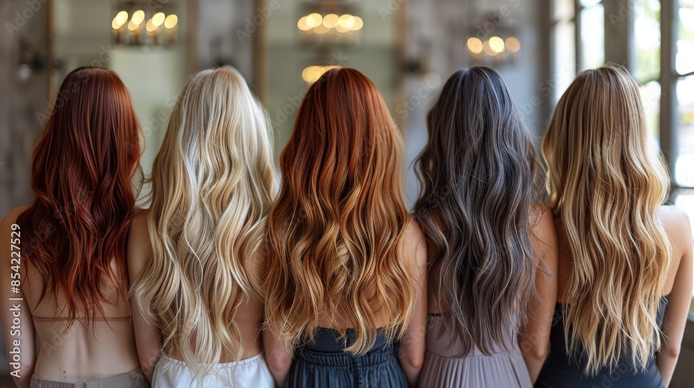 Six women standing in a row showcasing their long, healthy and beautifully colored hair from red to blonde