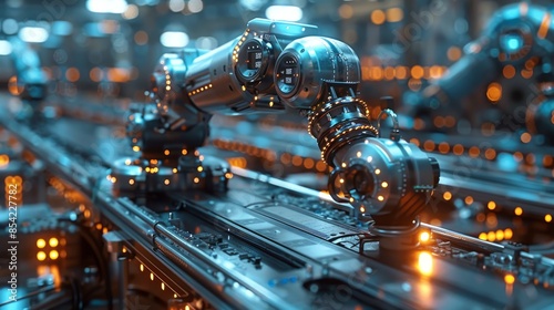 Futuristic depiction of a robotic arm with intricate design working on an automated production line