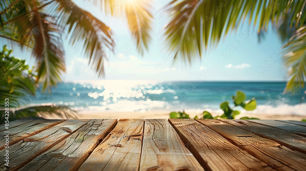 Empty wood table over blue sea, beach and palm leaves background in summer day. Empty wood table over blue sea, beach and palm leaves background in summer day.