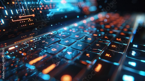 Close up of a laptop with illuminated glowing display technology. AI generated image