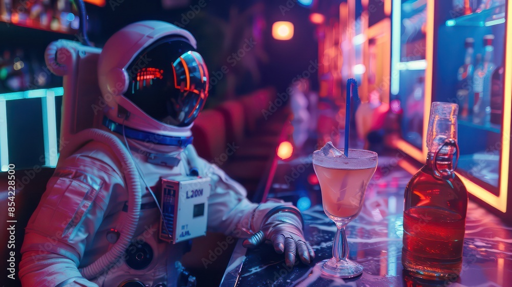 Astronaut in a space suit and helmet at a rave club with a glass of cocktail near the bar Astronaut in a space suit and helmet at a rave club with a glass of cocktail near the bar
