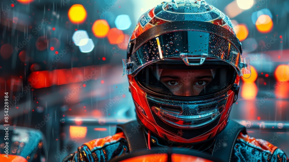 A detailed image of a motorcycle racer in a helmet, with raindrops and colorful bokeh lights A detailed image of a motorcycle racer in a helmet, with raindrops and colorful bokeh lights