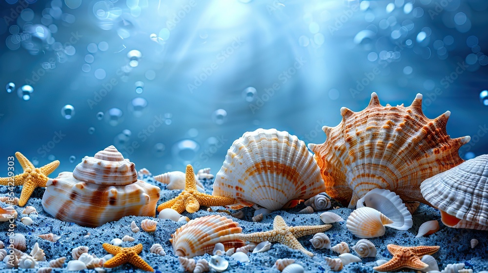 Beautiful seashells and starfishes lying on sand on blue background with bubbles Beautiful seashells and starfishes lying on sand on blue background with bubbles
