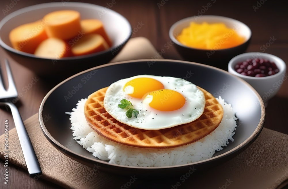 Healthy breakfast with pancakes, eggs, toasts, fruits and juice Healthy breakfast with pancakes, eggs, toasts, fruits and juice