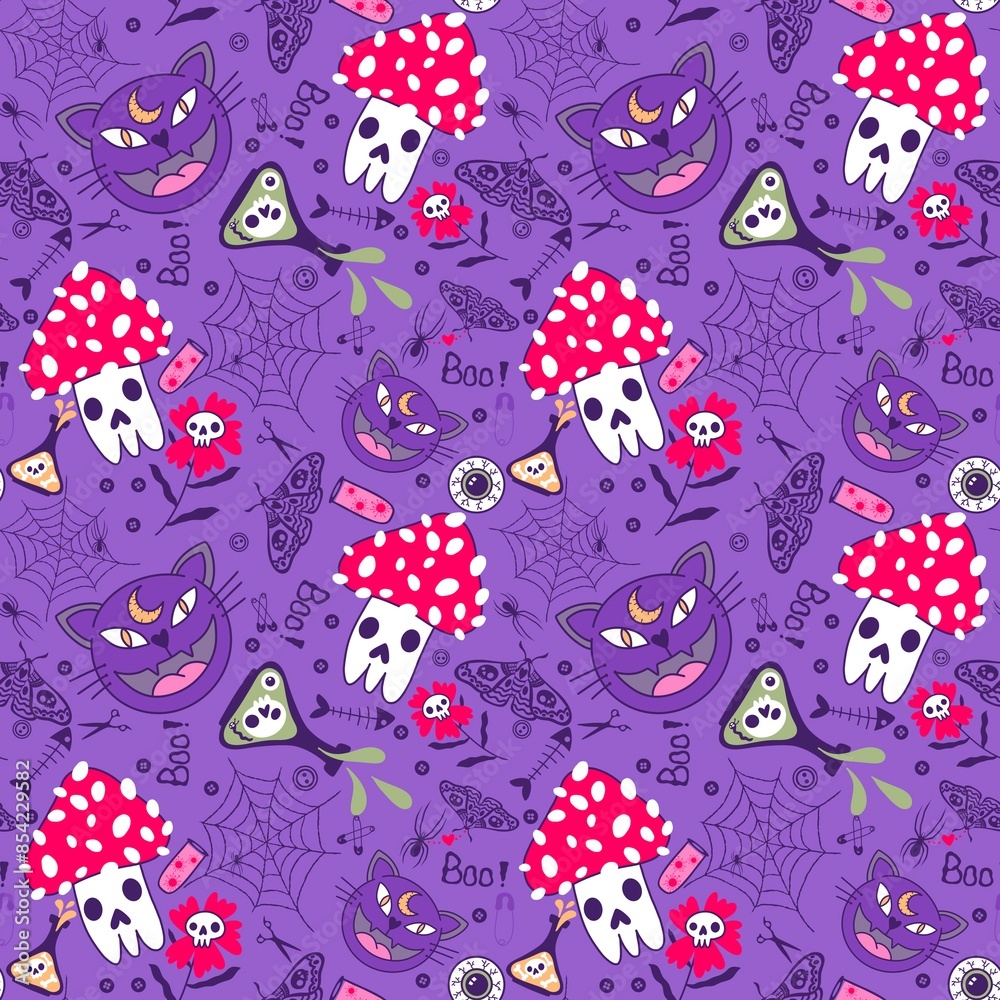 Halloween animals seamless cats and mushrooms pattern for wrapping paper Halloween animals seamless cats and mushrooms pattern for wrapping paper