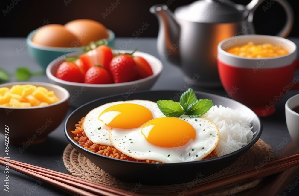 Healthy breakfast with pancakes, eggs, toasts, fruits and juice Healthy breakfast with pancakes, eggs, toasts, fruits and juice