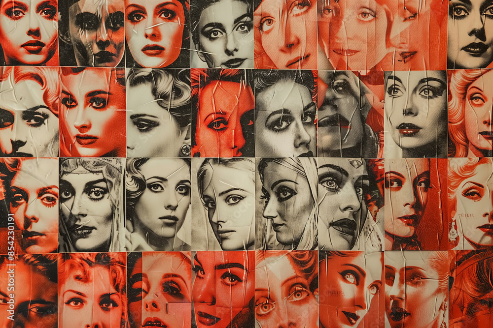 Obraz premium Collage of Vintage Female Portraits in Red and Black