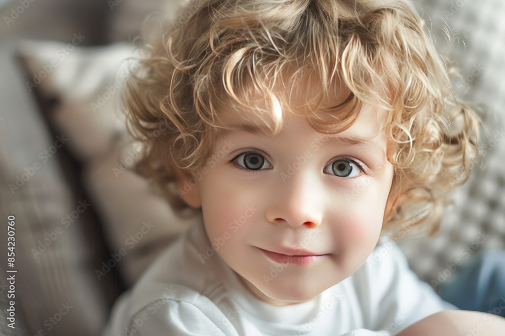 Adorable toddler with curly hair and striking blue eyes looking straight at camera Adorable toddler with curly hair and striking blue eyes looking straight at camera