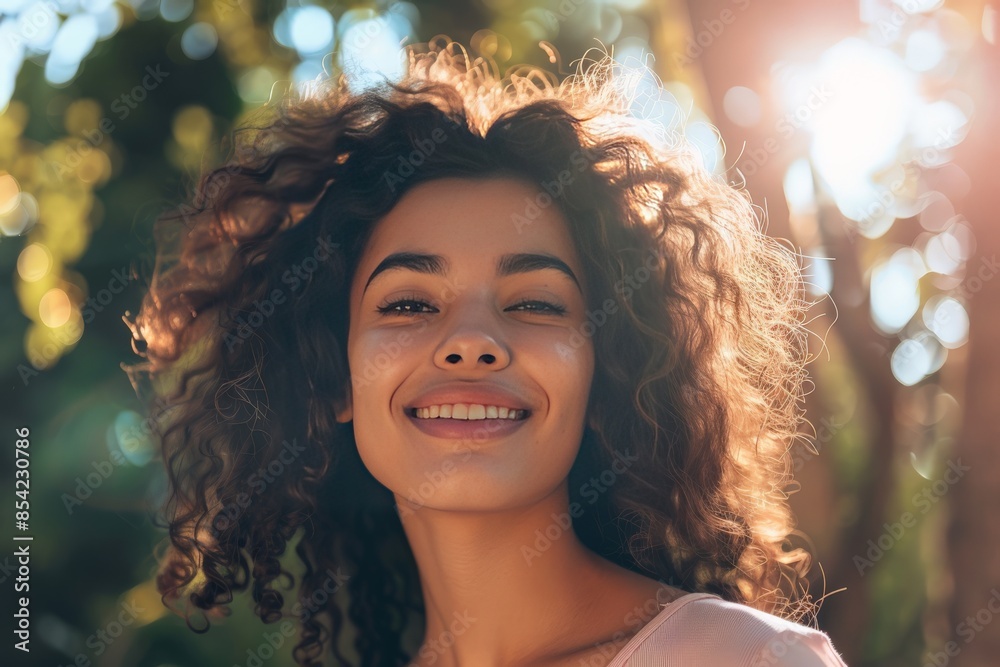 Radiant young woman with curly hair backlit by warm sunlight, smiling joyfully Radiant young woman with curly hair backlit by warm sunlight, smiling joyfully