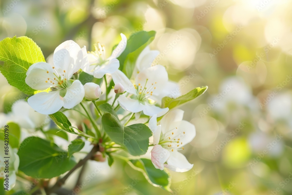 Delicate white apple blossoms with soft, sunlit bokeh background, conveying new life and growth Delicate white apple blossoms with soft, sunlit bokeh background, conveying new life and growth