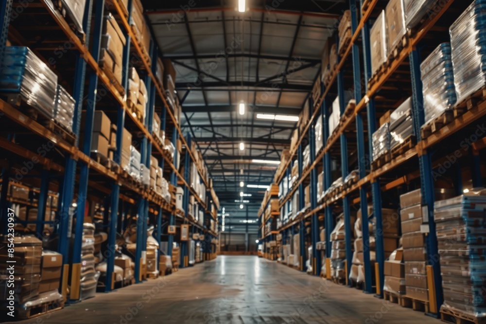 Blurred view of a warehouse interior with rows of shelves stocked with various goods and industrial lighting Blurred view of a warehouse interior with rows of shelves stocked with various goods and industrial lighting