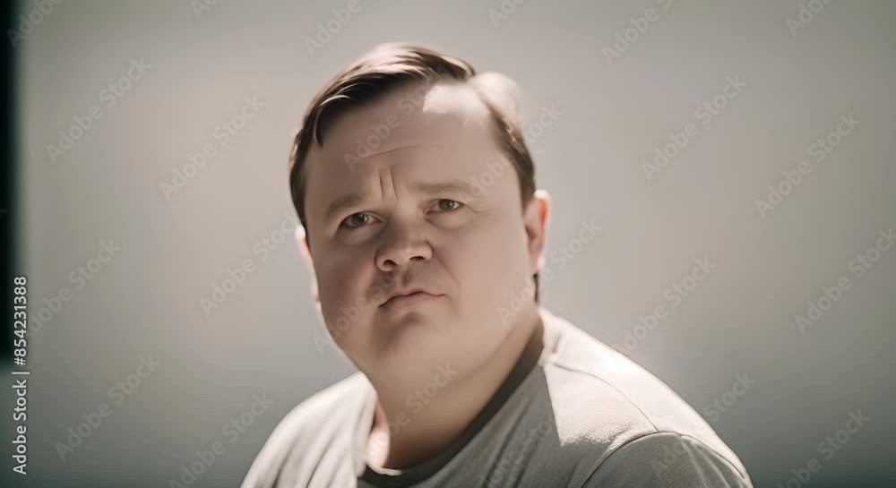 Anxious, overweight man looks worried and stressed in a close-up portrait. His frown and thoughtful gaze hint at health issues and unhealthy lifestyle choices Anxious, overweight man looks worried and stressed in a close-up portrait. His frown and thoughtful gaze hint at health issues and unhealthy lifestyle choices