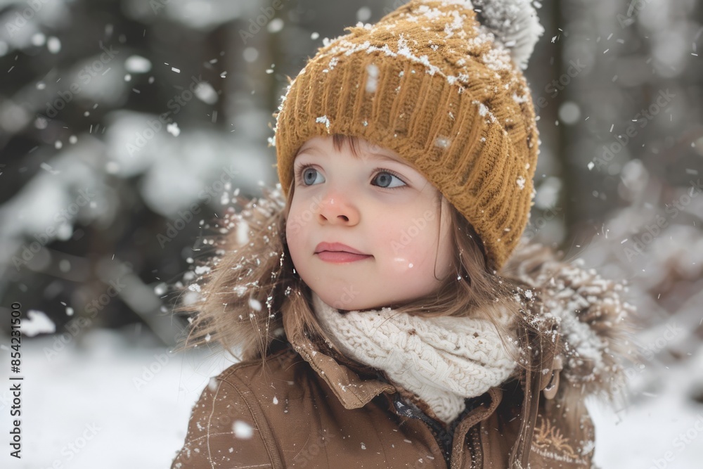 A pensive young girl in winter clothing, gazing into the distance as snowflakes fall around her