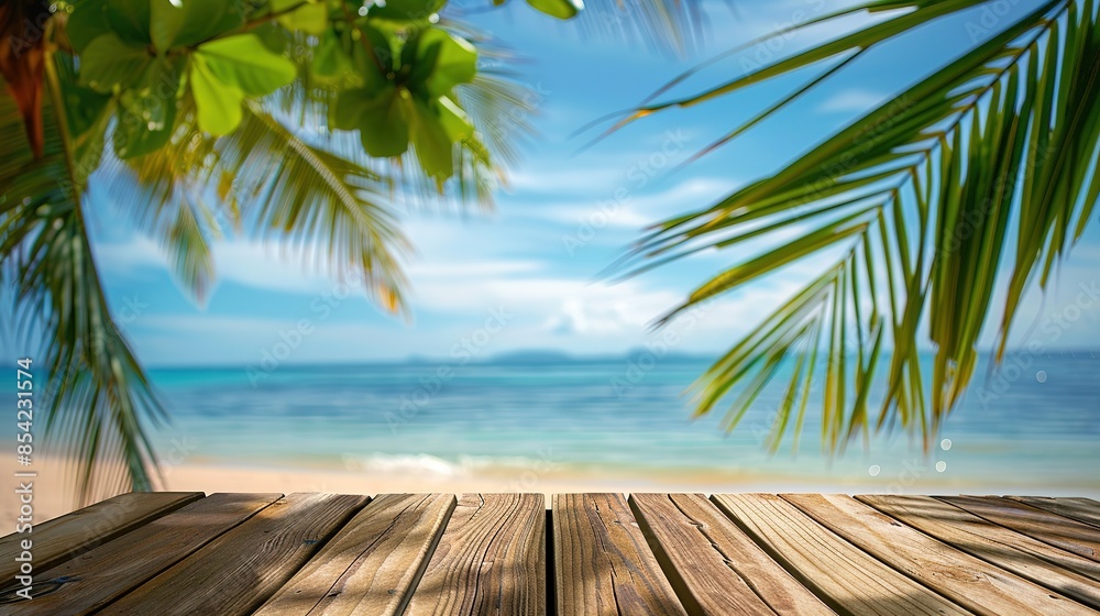 Empty wood table over blue sea, beach and palm leaves background in summer day. Empty wood table over blue sea, beach and palm leaves background in summer day.