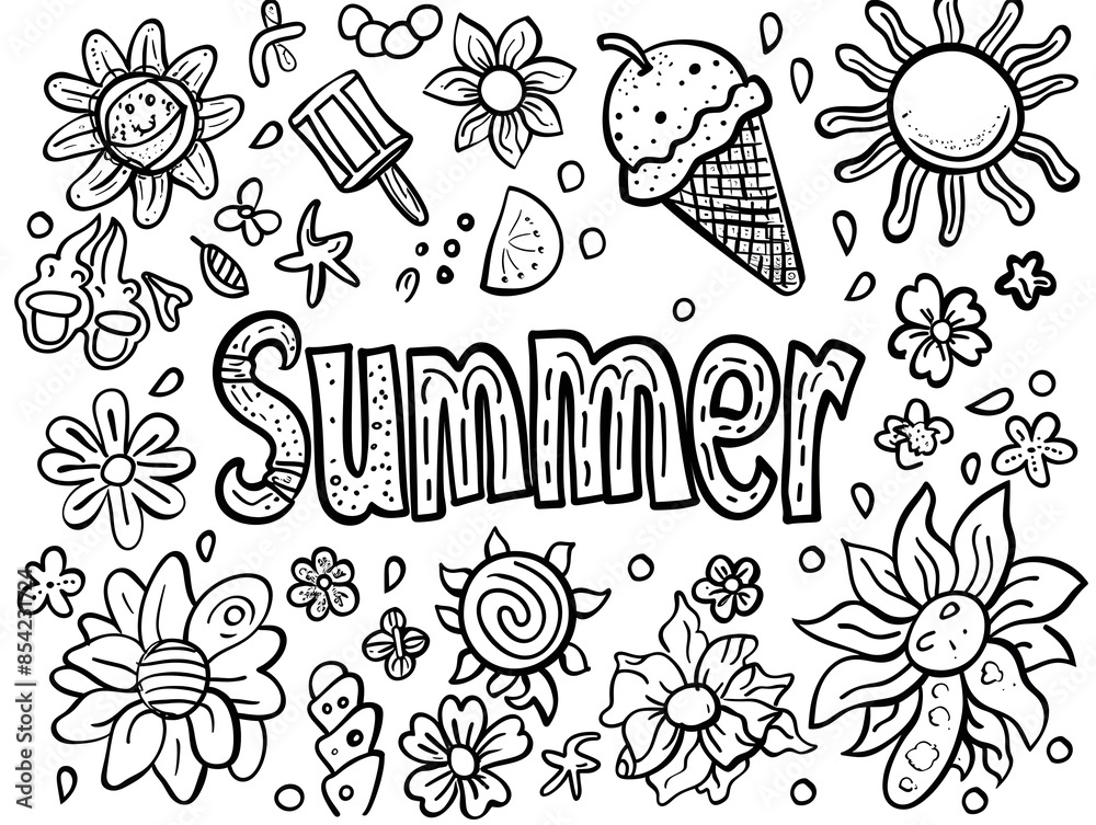Fototapeta premium A delightful coloring page celebrating the joys of summer with whimsical doodles of flowers, sunshine, ice cream, and more. Perfect for kids and adults to unleash their creativity
