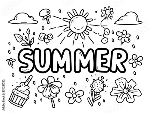  A cheerful coloring page bursting with playful summer doodles, including flowers, sunshine, clouds, and sweet treats