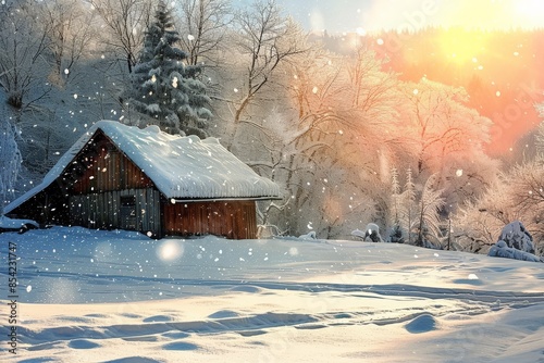 Enchanting cottage blanketed in snow with sparkling snowflakes and a warm sunrise glow indicating a cozy retreat photo