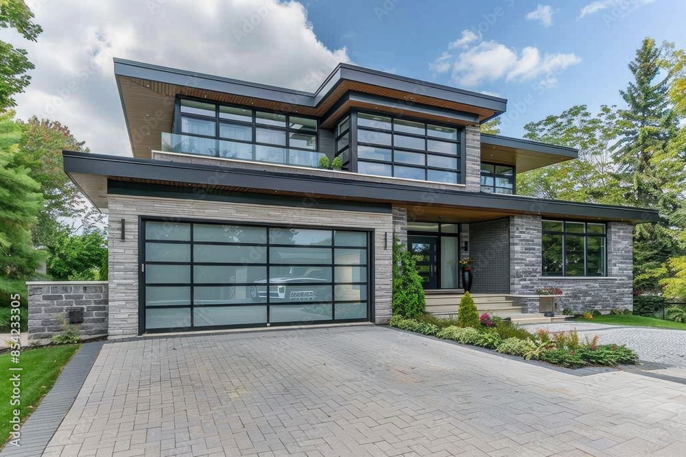 Modern style garage door with glass panels and grey colour, with stone accents on the sides of the house, brick driveway, and green plants for decoration Generative AI Modern style garage door with glass panels and grey colour, with stone accents on the sides of the house, brick driveway, and green plants for decoration Generative AI