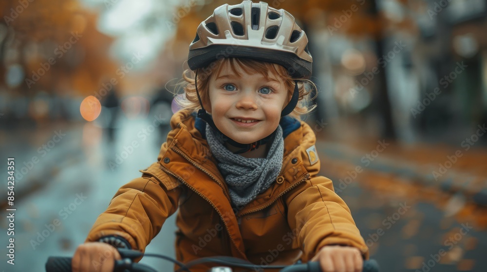Young child with blue eyes and helmet rides a bike on a leaf-covered path in autumn Young child with blue eyes and helmet rides a bike on a leaf-covered path in autumn