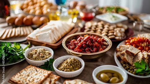Common Passover foods are set on the dinner table © Nijat