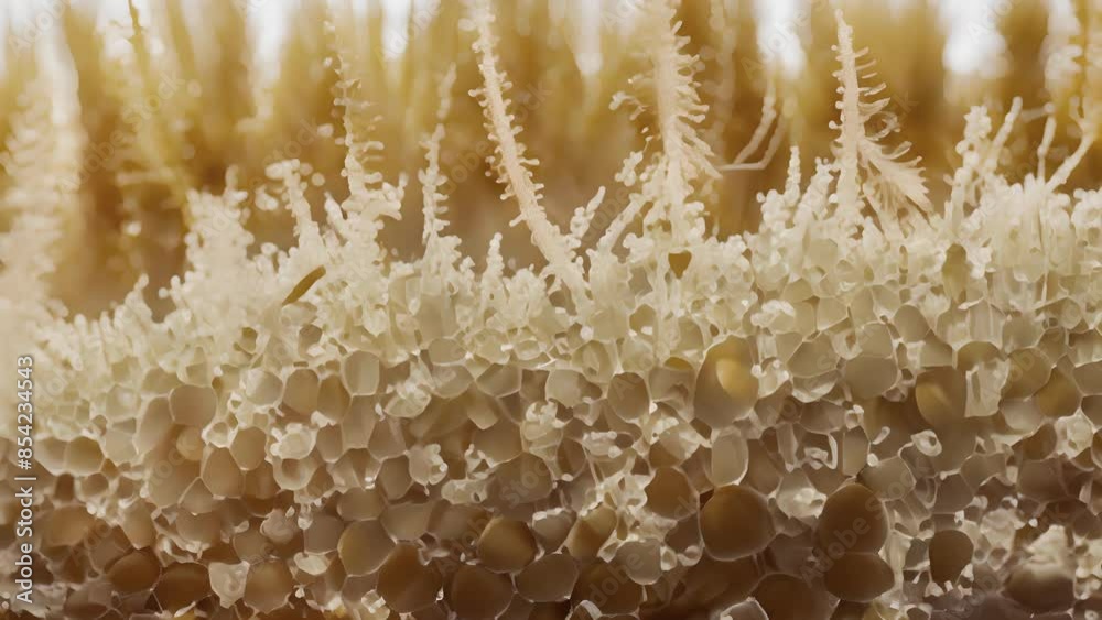 A detailed view of columnar epithelium showing tall narrow cells lining the surface. A detailed view of columnar epithelium showing tall narrow cells lining the surface.