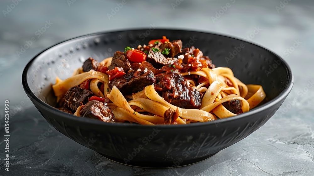 Delicious pasta fettuccine topped with flavorful beef ragout sauce, served in a stylish black bowl. Set against a gray background, this dish is perfect for a cozy dinner Delicious pasta fettuccine topped with flavorful beef ragout sauce, served in a stylish black bowl. Set against a gray background, this dish is perfect for a cozy dinner