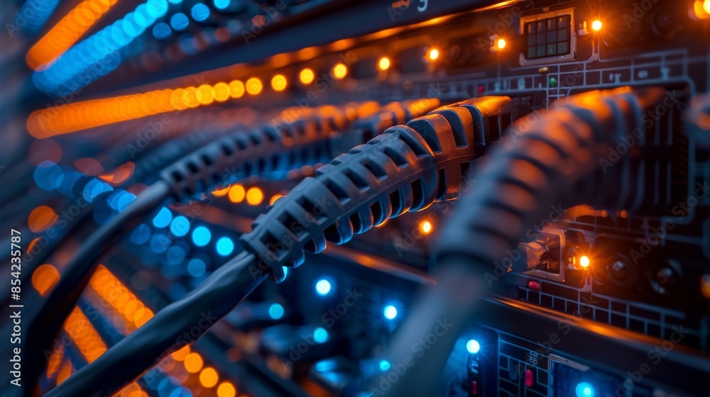 Detailed view of a network server room with numerous Ethernet cables connected to a router Detailed view of a network server room with numerous Ethernet cables connected to a router