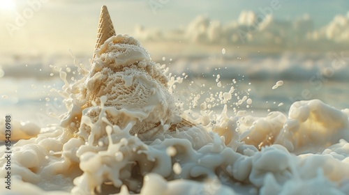 A tempting visual of hot ice cream a steaming cone against a backdrop of a sunny beach melting rapidly photo