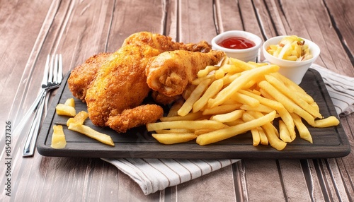 crispy fried chicken broast with french fries on png background photo