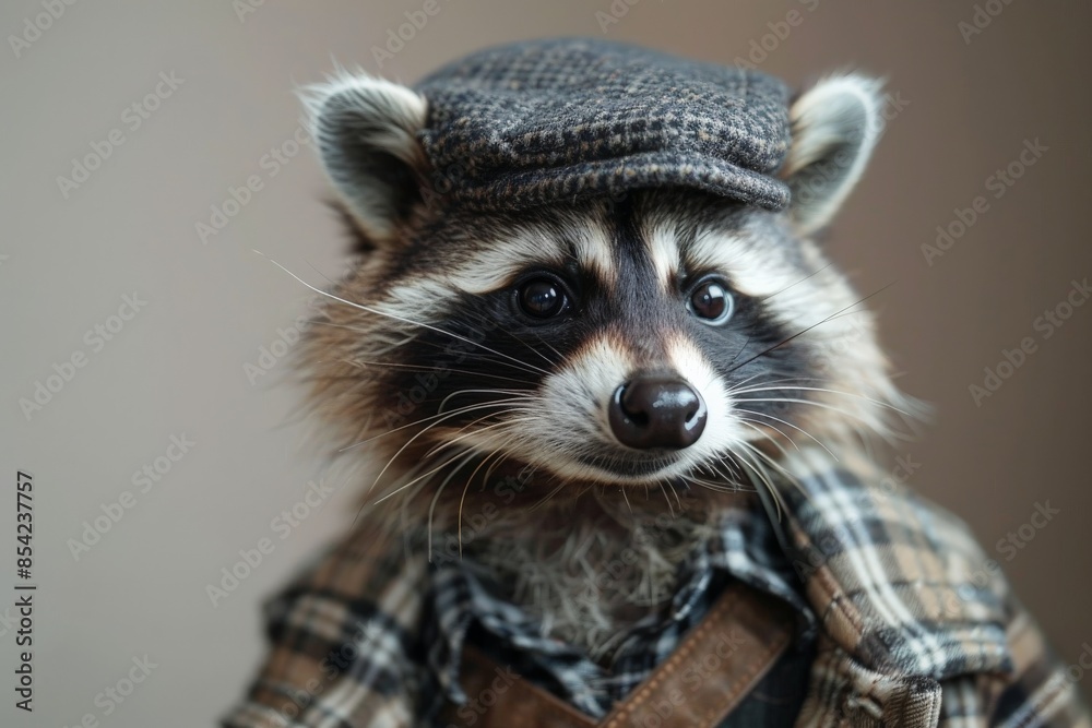 Funny raccoon posing with a flat cap and lumberjack shirt Funny raccoon posing with a flat cap and lumberjack shirt