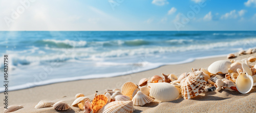 Fototapeta Naklejka Na Ścianę i Meble -  On the sandy beach by the sea there are seashells scattered about It s the perfect spot for a relaxing seaside vacation with plenty of copy space image