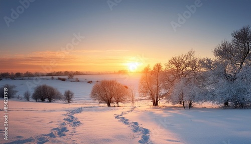 sunset in a white winter landscape