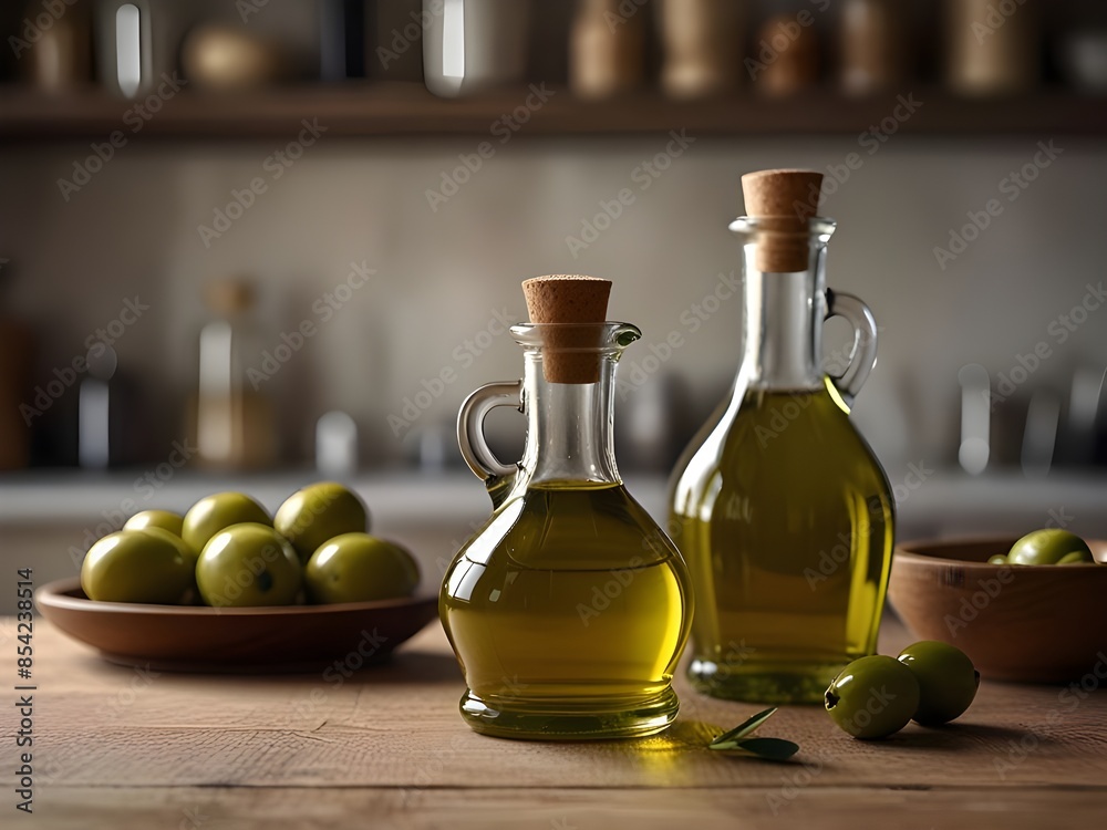 Bottles of olive oil on the table in a kitchen blurred background, a lot of space for copy text for your company and the product advertisement Bottles of olive oil on the table in a kitchen blurred background, a lot of space for copy text for your company and the product advertisement