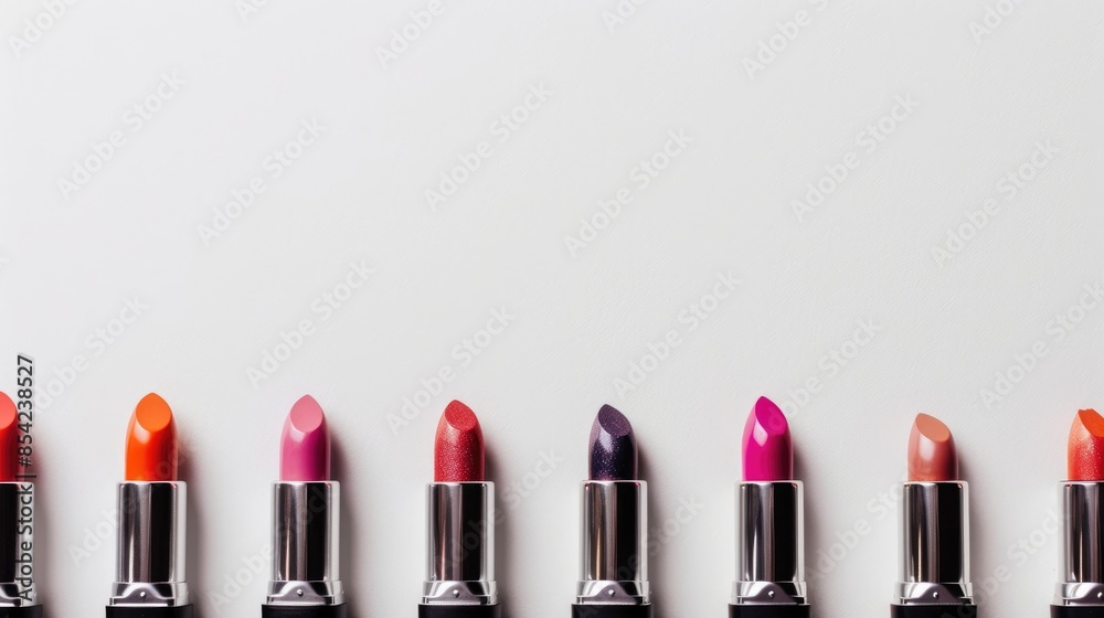 Fototapeta premium Arrangement of colorful lipsticks on white background with copy space Professional makeup and beauty concept