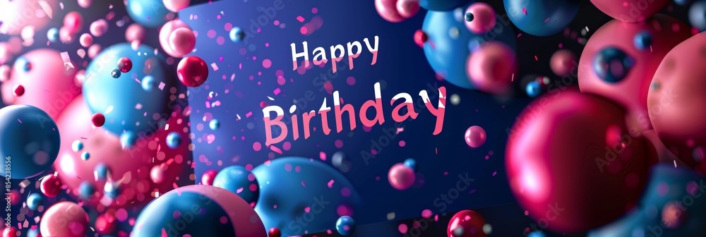 Festive card Happy Birthday in pink and white lettering on a blue background, spheres and confetti Festive card Happy Birthday in pink and white lettering on a blue background, spheres and confetti