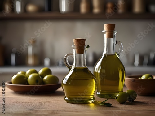 Wallpaper Mural Bottles of olive oil on the table in a kitchen blurred background, a lot of space for copy text for your company and the product advertisement Torontodigital.ca