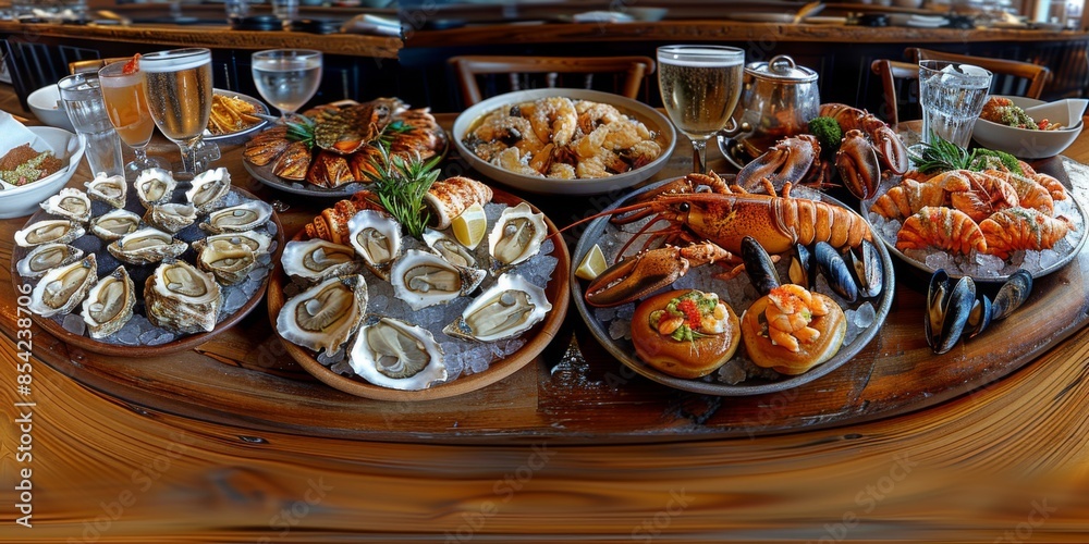 An immersive 360-degree equirectangular panorama of a seafood extravaganza, with platters of freshly shucked oysters, grilled lobster tails
