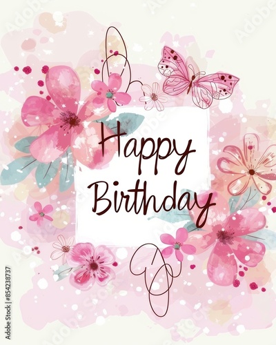 Fototapeta Naklejka Na Ścianę i Meble -  Pink Happy Birthday card with a floral design. There are pink watercolor flowers and a butterfly
