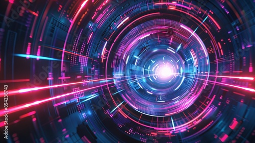 Abstract technology futuristic background featuring a portal hologram circle. Hi-tech, science, and speed concepts with a digital neon light effect.
