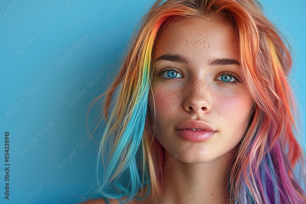Fototapeta premium Beautiful caucasian woman with long hair in pastel rainbow colors, portrait, blue background