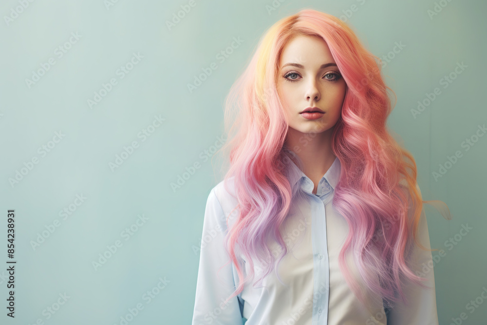 Beautiful caucasian woman with long hair in pastel rainbow colors, portrait, gray background Beautiful caucasian woman with long hair in pastel rainbow colors, portrait, gray background