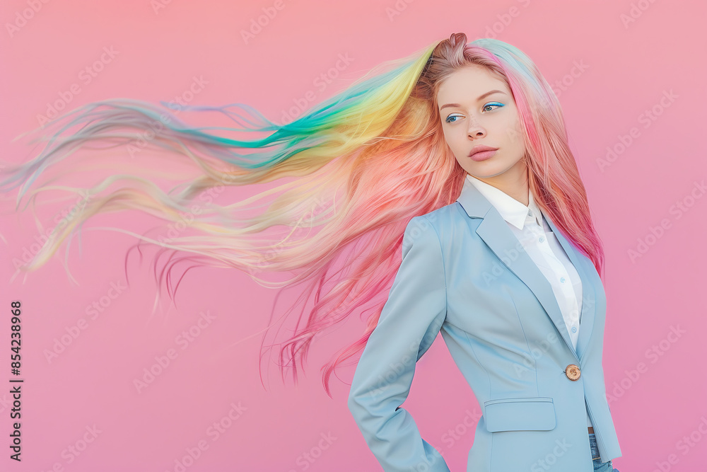 Beautiful caucasian woman with long hair in pastel rainbow colors, portrait, pink background Beautiful caucasian woman with long hair in pastel rainbow colors, portrait, pink background