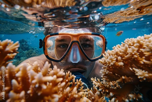 Young man snorkeling underwater exploring coral reef