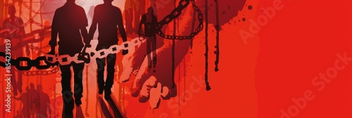 International Day against trafficking in person. Silhouettes of people chained on a red background. Day for the remembrance of the slave trade and its abolition concept. Horizontal banner photo