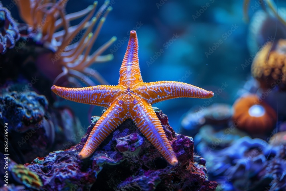 Orange starfish resting on a rock in a reef aquarium Orange starfish resting on a rock in a reef aquarium