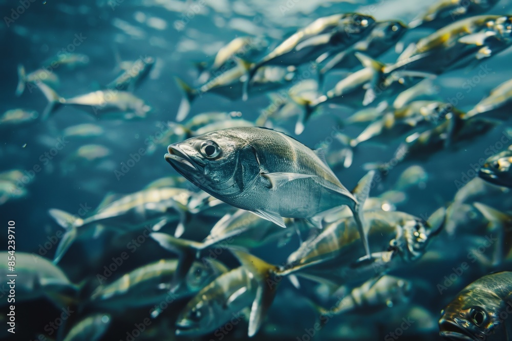 Obraz premium School of fish swimming in deep blue ocean water