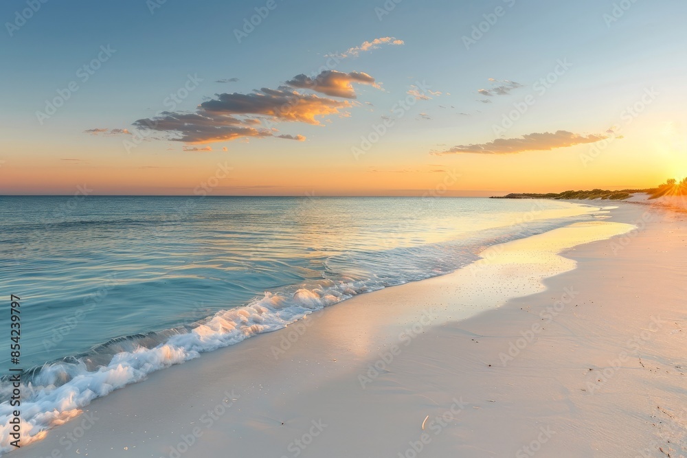 Obraz premium Calm ocean waves washing sandy beach at sunset